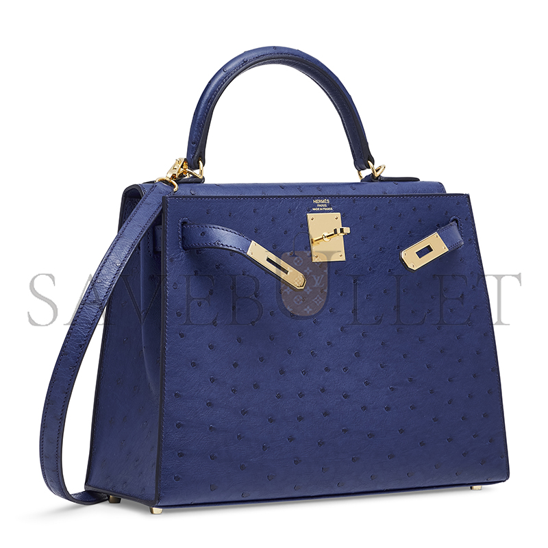 HERMÈS MASTER OSTRICH SELLIER KELLY 28 IRIS BLUE WITH GOLD HARDWARE (28*22*10cm)